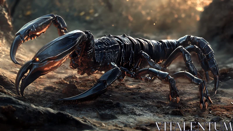 Photorealistic biomechanical scorpion with tactical exoskeleton.