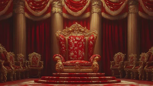 Crimson throne blazes beneath velvet draped colonnades.