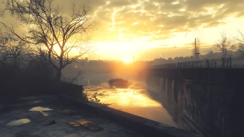 Rustlit riverbank sunrise over quiet industrial echoes.