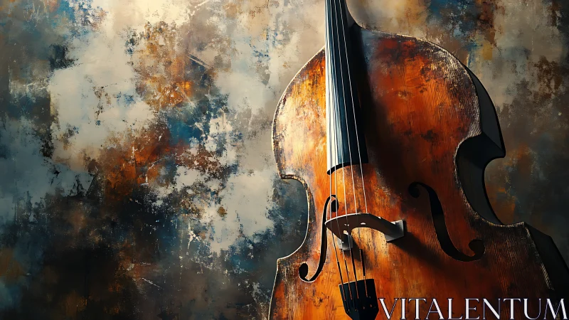 Weathered double bass stands before textured abstract wall