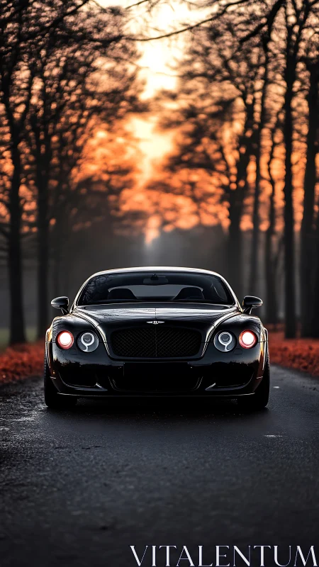 Luxury grand tourer front view under dramatic forest sunset