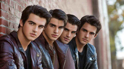 Four young men leaning against brick wall in leather jackets.
