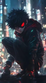Crouching cyber-noir vigilante dominates neon cityscape at night