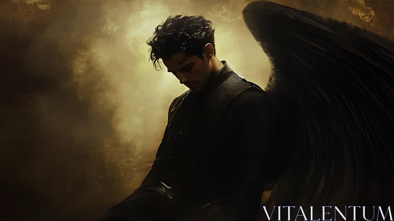 Fallen dusk seraph brooding in stormlit shadowed haze.