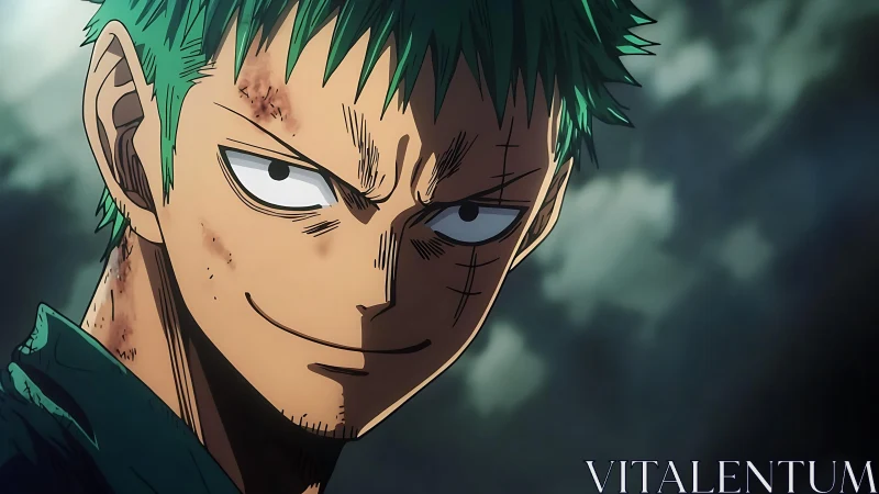 Scarred swordsman smirks through storm-darkened resolve.