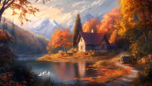 Lakeside autumn cottage with snowy alpine mountain backdrop