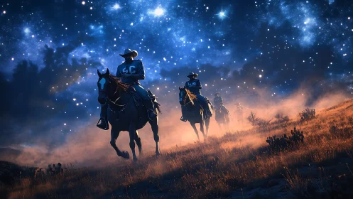 Cowboys ride through nebular night on dust-lit hillside