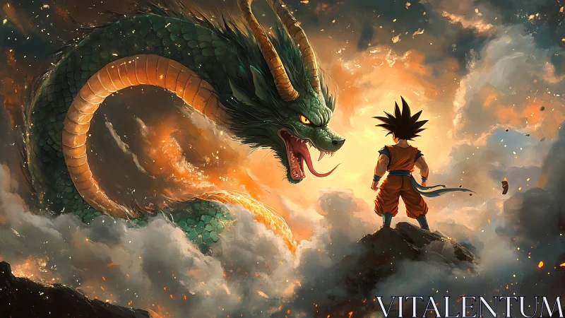 Warrior confronts colossal dragon within blazing storm clouds