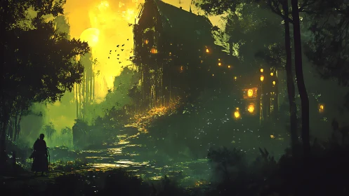 Wanderer approaches glowing forest manor under sickle moon.
