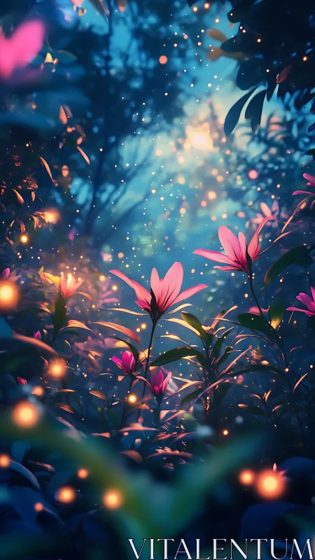 Bioluminescent woodland lilies under twilight bokeh glow