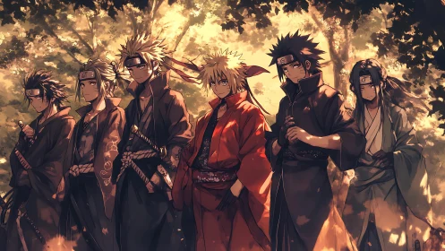 Samurai-inspired anime squad stands under dappled forest light