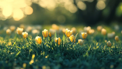 Backlit yellow tulips rendered with shallow depth of field bokeh