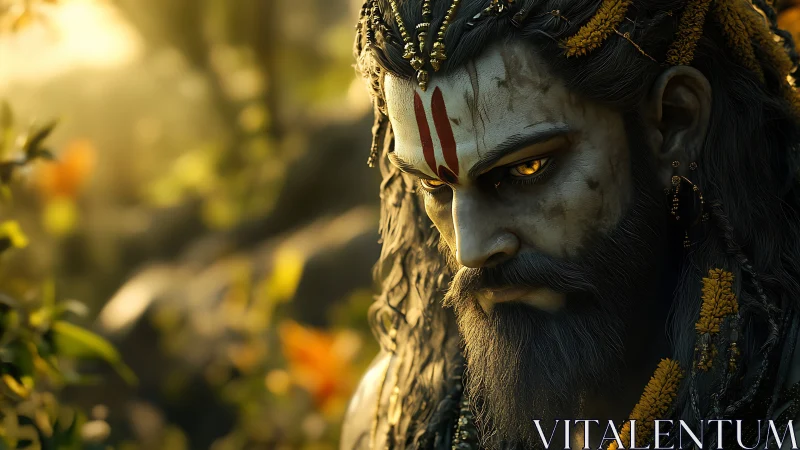 Divine warrior portrait with glowing eyes and ritual markings.