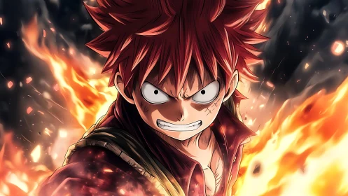 Red haired anime character is framed by dynamic flame effects