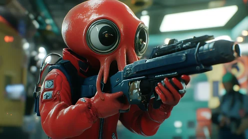 Squid-headed space trooper aiming high-tech plasma rifle.