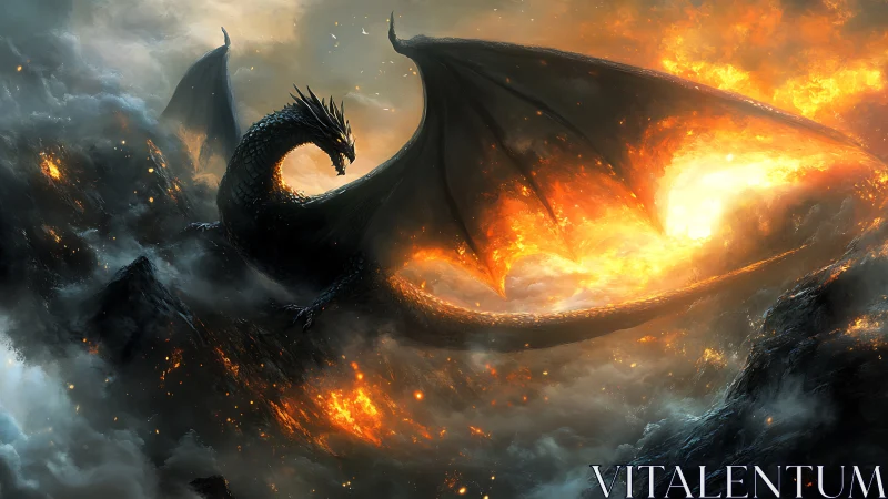 Armored obsidian dragon arcs through incendiary stormscape