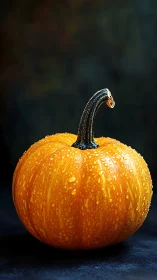 Glowing orange pumpkin glistens with dewdrops in darkness.