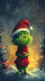 Green Christmas creature in red Santa outfit holding ornament