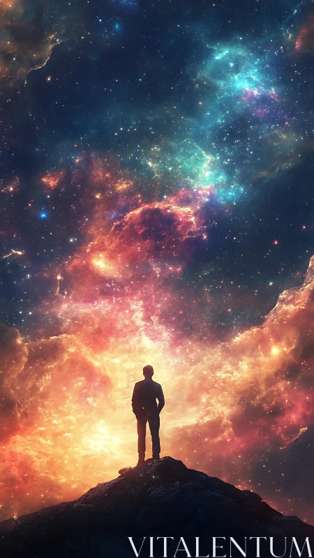 Silhouette on rocky summit under multicolor nebula skyfield