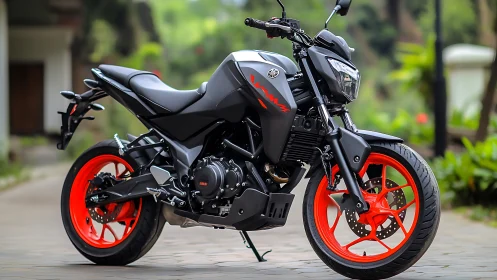 Black street motorcycle with orange wheels parked outdoors.