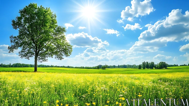 Solitary tree over yellow field under clear midday sun.
