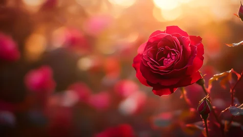 Red Rose in Golden Light with Blurred Garden Depth.