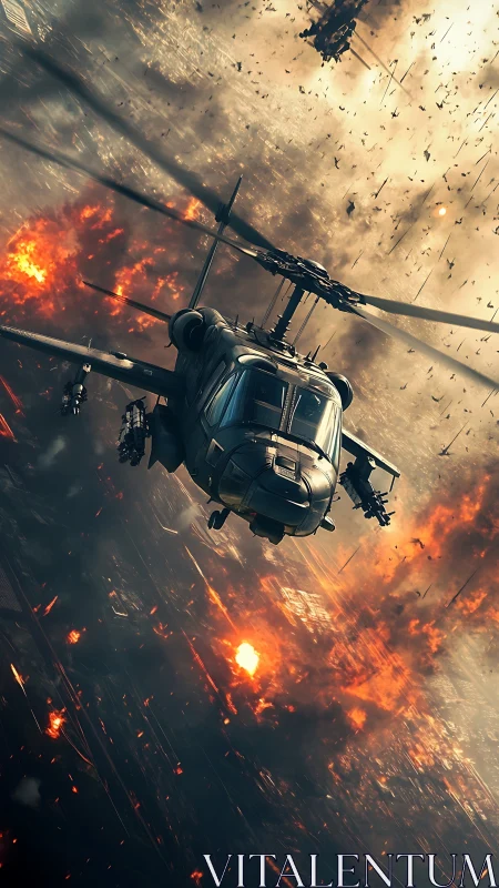 Attack helicopter banking over urban firestorm battlefield