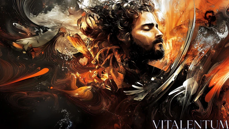 Abstract portrait merges flame, motion, contemplative serenity.