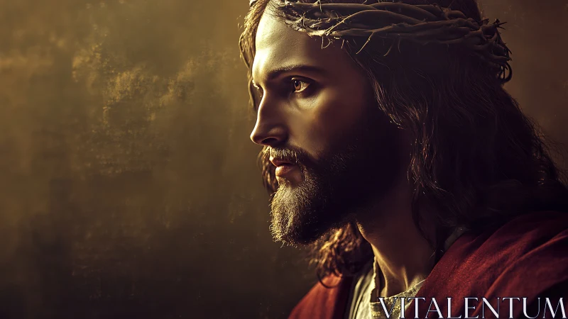 Side-lit robed figure with crown of thorns in warm chiaroscuro.