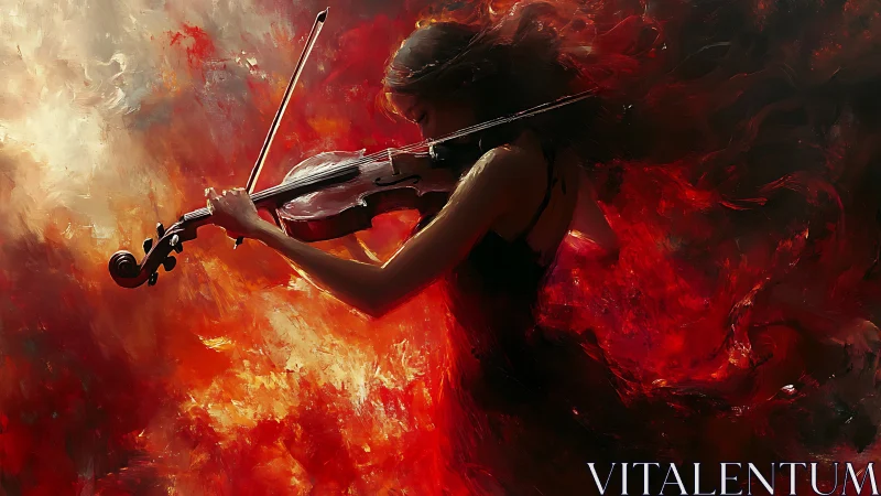 Violinist commands swirling red fire in abstract storm
