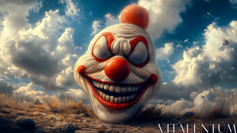 Grinning wasteland clown head under theatrically haunted skies.