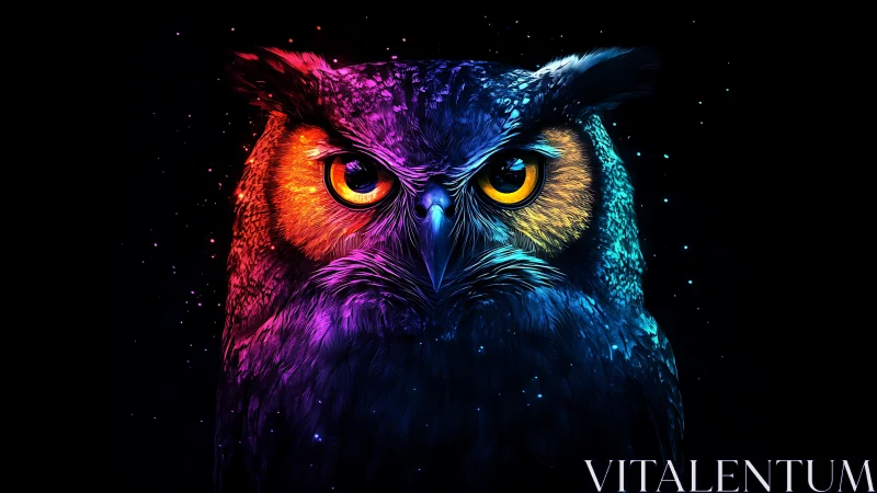 Neon owl portrait glows against deep black cosmic void