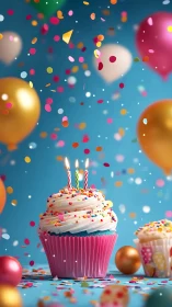 Festive Birthday Cupcake Celebration with Colorful Balloons