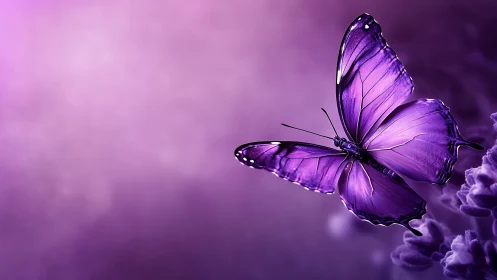 Violet wings drift through amethyst dawn and quiet bloom.