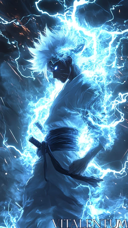 Electrified white-haired swordsman in blue lightning aura.