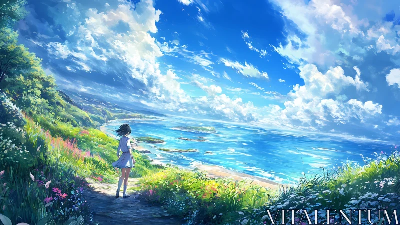 Solitary figure on coastal path with expansive seascape view.