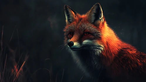 Vivid red fox stands in dramatic low light forest scene