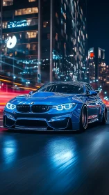 Blue performance coupe races through neon-lit urban corridor