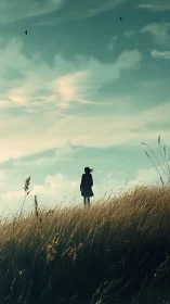 Solitary figure on windblown hillside under expansive sky
