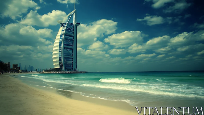 Sail-shaped Dubai hotel beside turquoise Arabian Gulf shoreline.