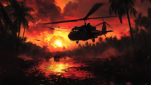 Combat helicopter over blazing jungle river at sunset.