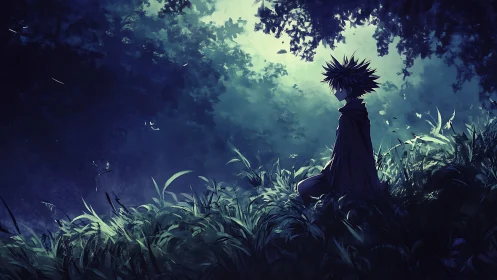 Silhouetted anime boy sits in dense moonlit forest clearing