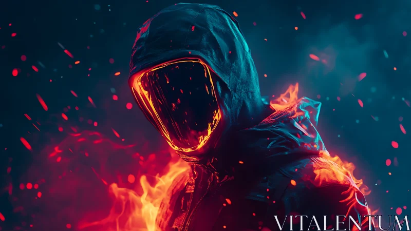 Fiery hooded figure with molten neon faceless visor.