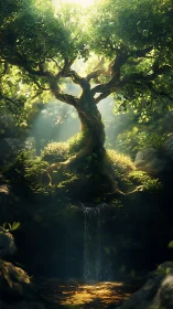 Arboreal nexus with root-fed micro waterfall illumination.