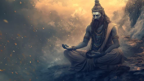 Meditating ascetic amid ethereal storm-lit divine aura.