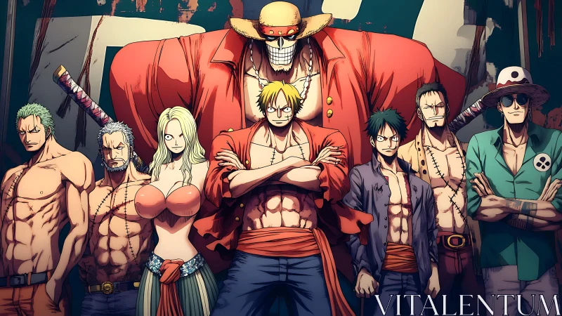 Anime pirate crew lineup under towering skeletal captain.