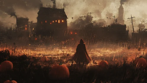 Cloaked wanderer crosses a haunted pumpkin field at dusk