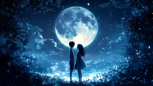 Backlit silhouettes of anime couple under oversized luminous moon