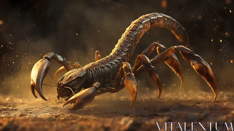 Ember-scorched titan scorpion prowl in molten dusk haze.