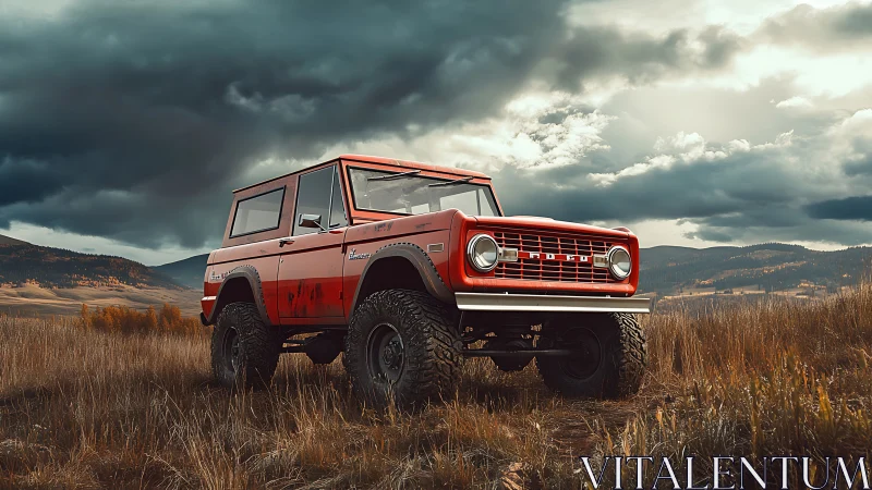 Classic red off-road SUV stands bold beneath stormy skies